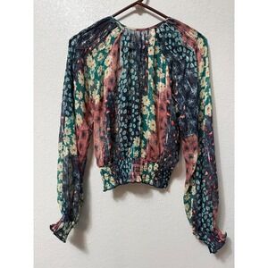 Urban Outfitters Sheer Floral Patchwork Smocked Mesh Blouse Metallic Stripe M